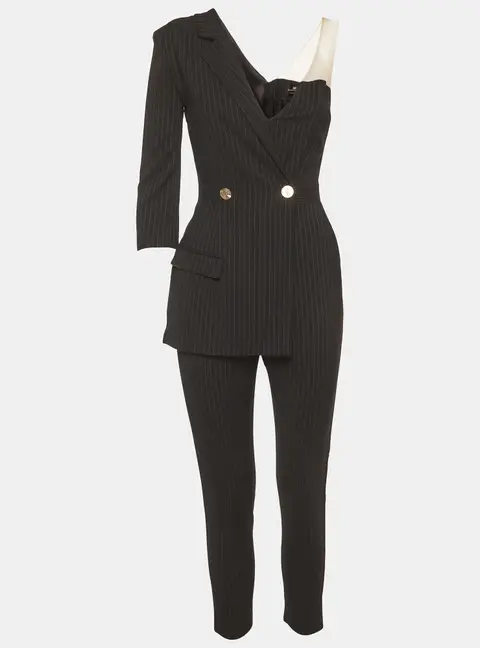 Elisabetta Franchi Black Pin Striped Wool Blend Asymmetric Jumpsuit S