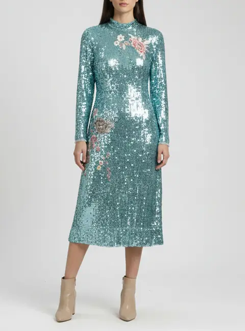Elisabetta Franchi Turquoise Sequin and Mesh Floral Embroidered Midi Dress S