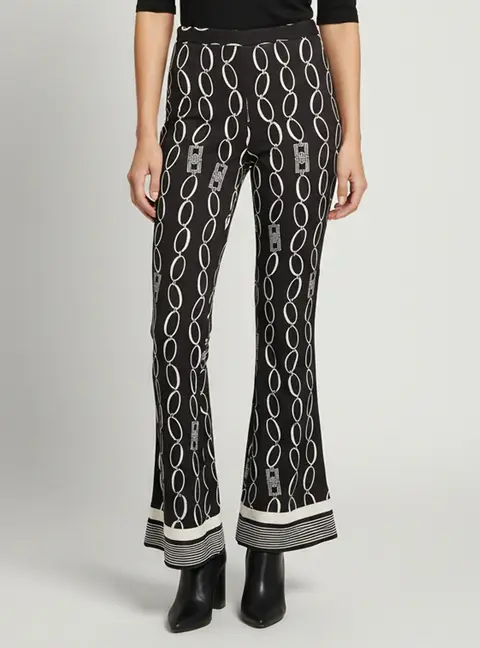 Elisabetta Franchi Black Logo Chain Print Stretch Crepe Flared Pants M
