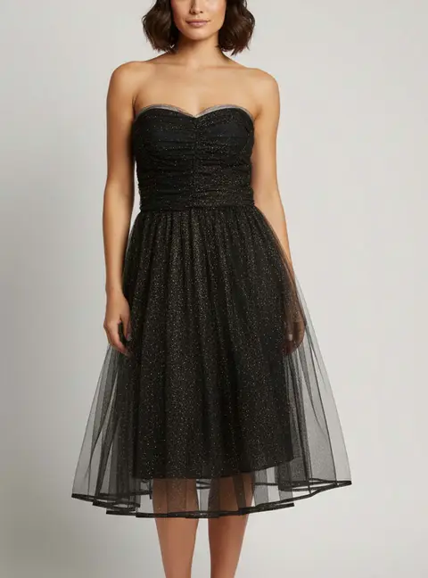 Elisabetta Franchi Black Glittered Tulle Ruched Fit-and-Flare Mini Dress M
