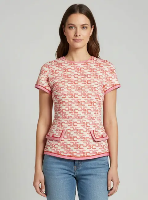 Elisabetta Franchi White Logo Jacquard Short Sleeve Top M
