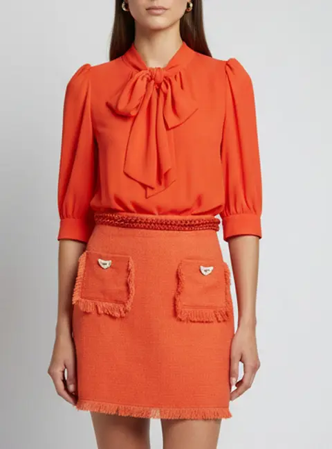 Elisabetta Franchi Orange Crepe and Tweed Detachable Blouse and Skirt Set M