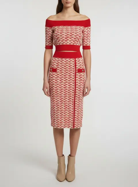 Elisabetta Franchi Red/Cream Monogram Jacquard Knit Midi Skirt and Crop Top Set S