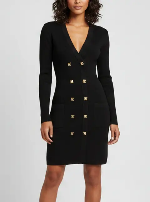 Elisabetta Franchi Black Rib Knit Double Breasted Mini Dress M