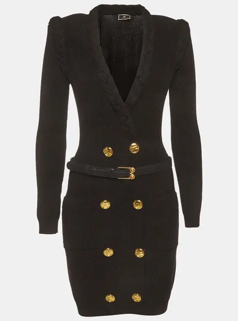 Elisabetta Franchi Black Metallic Knit V-Neck Mini Dress M