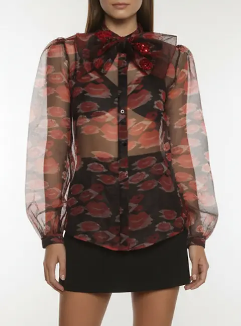 Elisabetta Franchi Black Printed Organza Sheer Button Front  L
