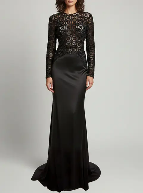 Elisabetta Franchi Black Embellished Flock Tulle & Jersey Evening Gown S