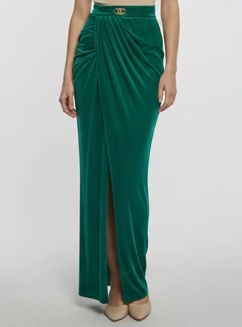 Elisabetta Franchi Green Velvet Draped Maxi Skirt S