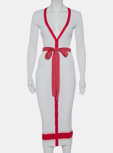 Elisabetta Franchi White Rib Knit Contrast Detail Belted Button Front Dress M