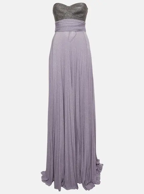 Elisabetta Franchi Purple/Grey Lurex Jersey Strapless Maxi Dress S