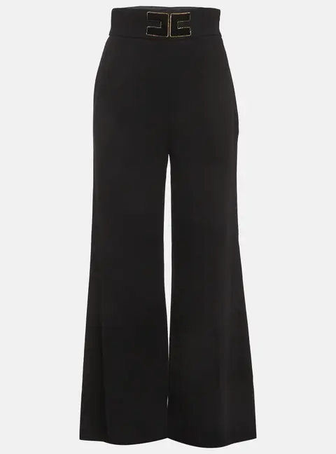 Elisabetta Franchi Black Logo Detail Crepe Wide Leg Pants M