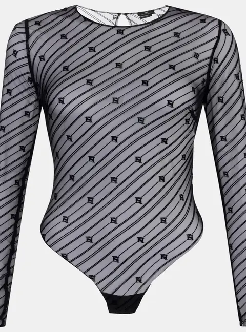 Elisabetta Franchi Black Flocked Monogram Mesh Bodysuit Top S