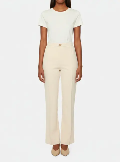 Elisabetta Franchi Beige Stretch Crepe Wide Leg Trousers L
