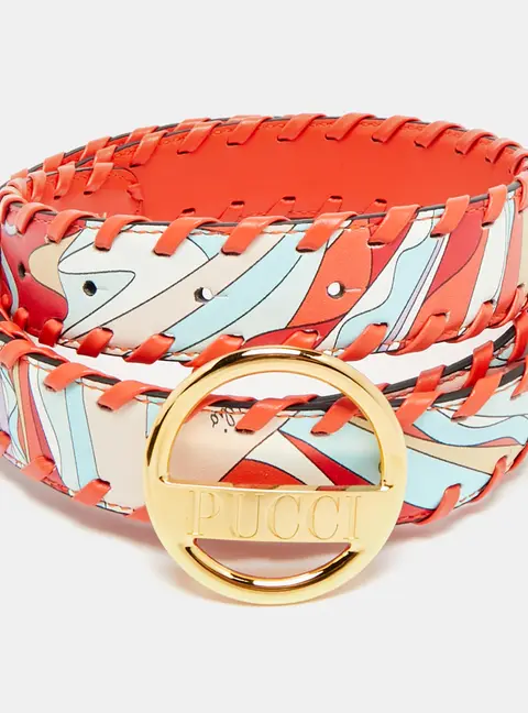 Emilio Pucci Whipstitch M Round Buckle Orange Printed Leather