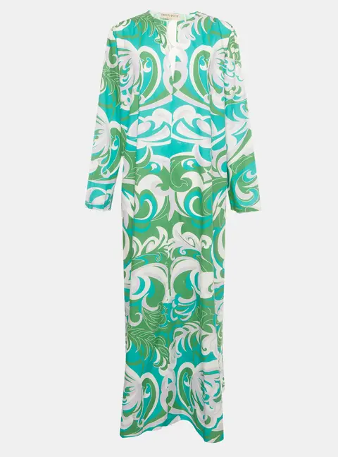Emilio Pucci Green Printed Cotton V-Neck Long Dress L