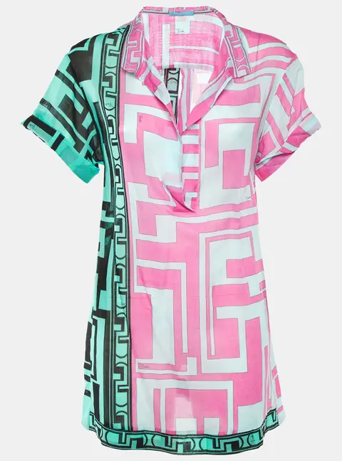Emilio Pucci Pink/Green Geometric Print Cotton Sheer Top S