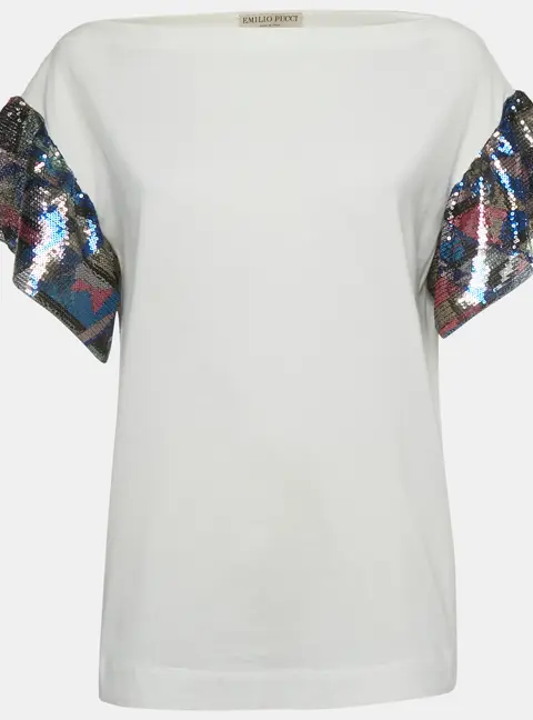 Emilio Pucci White Sequin Detail Cotton T-Shirt S