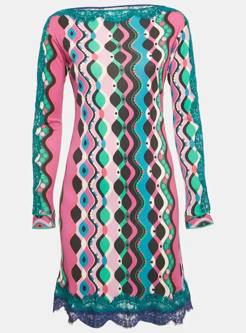 Emilio Pucci Multicolor Printed Jersey Lace Detail Mini Dress M
