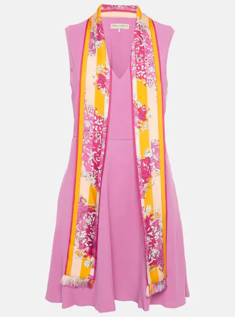 Emilio Pucci Pink Silk Printed Neck Tie Detail Crepe Mini Dress M