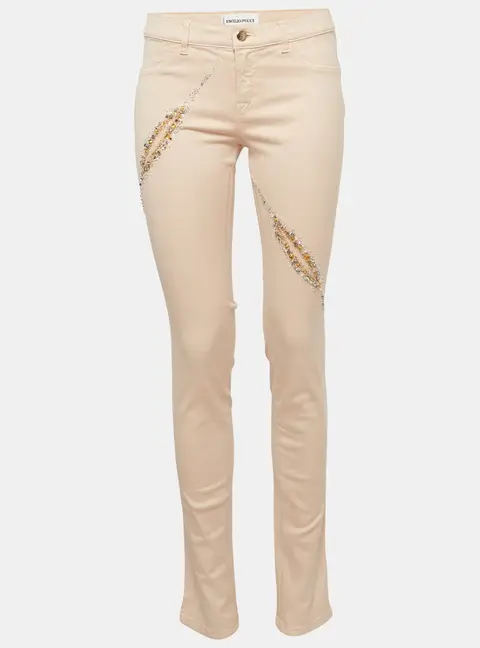 Emilio Pucci Light Peach Cotton Embroidered Fitted Jeans M/Waist 29"