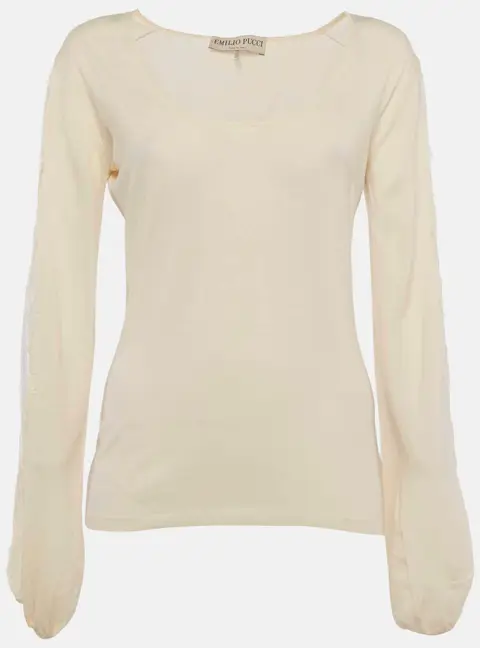 Emilio Pucci Cream Knit and Lace Detail Top L