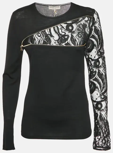 Emilio Pucci Black Lace and Wool Knit Asymmetric Zipped Top L