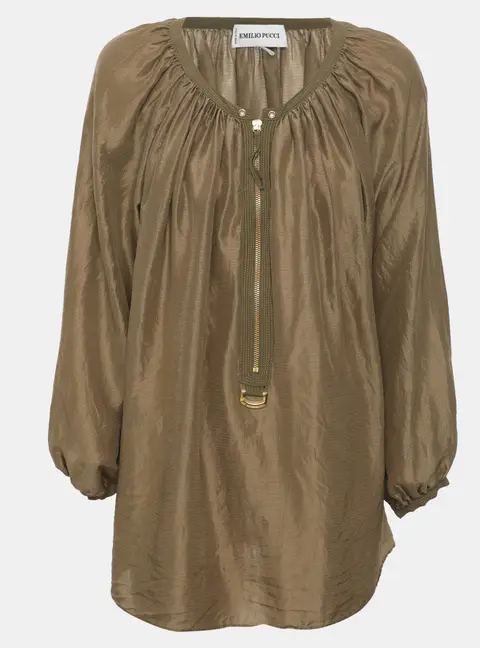 Emilio Pucci Green Micro Plaid Patterned Silk Blouse M