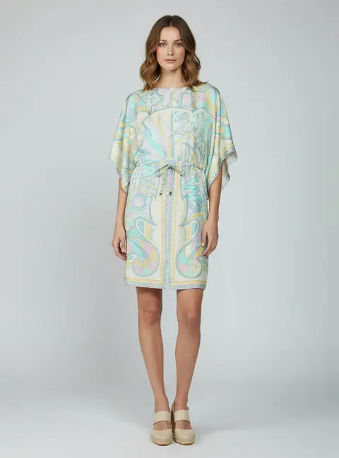 Emilio Pucci Pastel Multicolor Miami Print Silk Kaftan Tunic Dress S