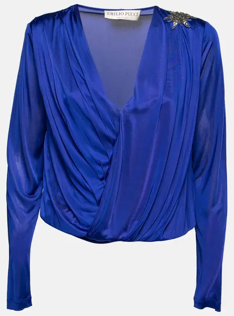 Emilio Pucci Blue Jersey Wrap Effect Pleated Blouse M