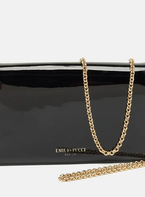 Emilio Pucci Black Patent Leather Flap Wallet On Chain