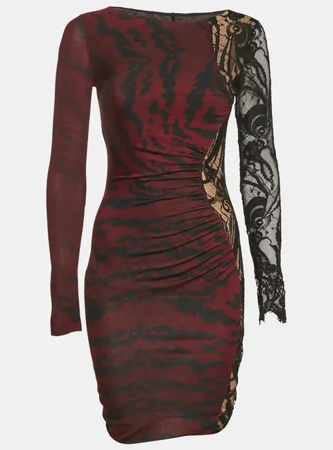 Emilio Pucci Burgundy Printed Jersey and Lace Trim Mini Dress S