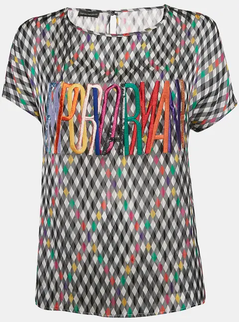 Emporio Armani Multicolor Checked and Logo Embroidery Silk Top S