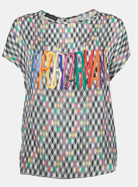 Emporio Armani Black Geometric Print Silk Embroidered Top M