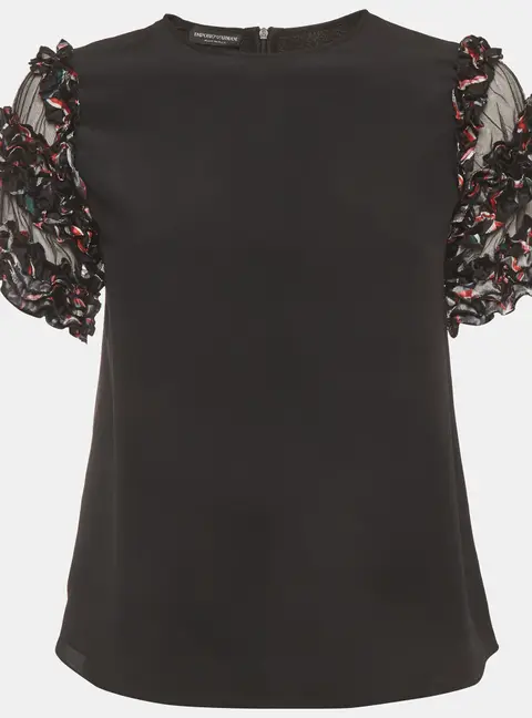 Emporio Armani Black Silk Crepe Ruffle Trim Blouse S