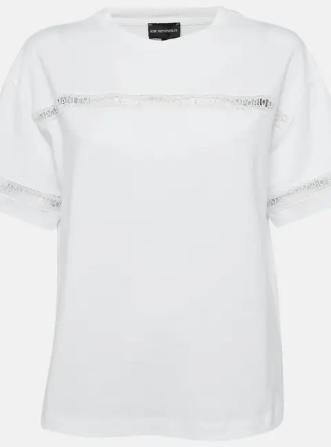 Emporio Armani White Cotton Logo Lace Trimmed T-Shirt M
