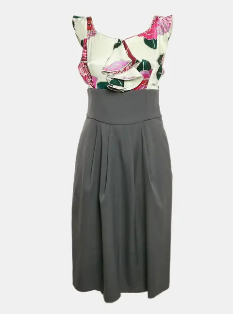 Emporio Armani Pink/Grey Floral Print Satin and Wool Ruffled Short Dress M