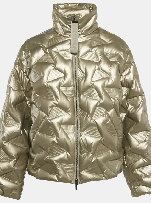 Emporio Armani Metallic Gold Synthetic Debossed Monogram Quilted Jacket L