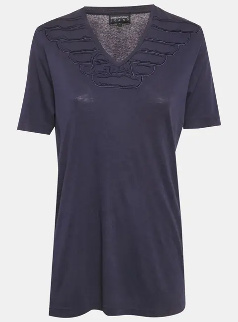 Emporio Armani Jeans Blue Jersey Ruffled V-Neck T-Shirt L
