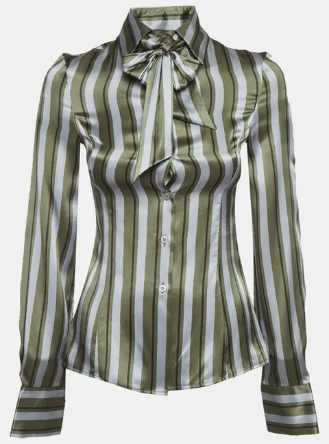 Emporio Armani Green/Grey Striped Silk Detachable Bow Detail Shirt S