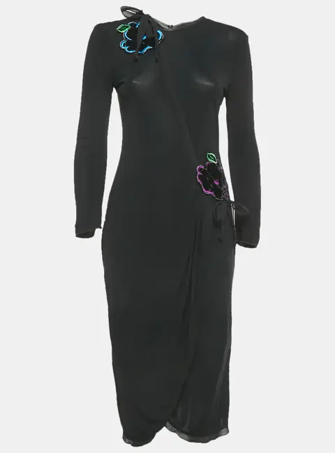 Emporio Armani Black Floral Patch Jersey Midi Dress M