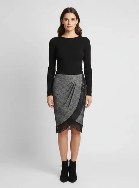 Emporio Armani Black Herringbone Jersey Lace Trim Draped Dress M