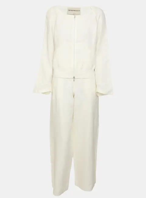 Emporio Armani Light Beige Linen Zip-Up Jacket & Wide-Leg Pants Set S/M