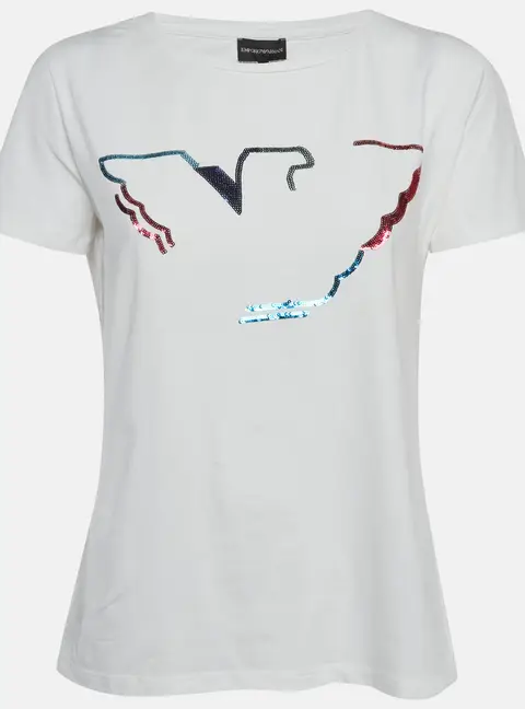 Emporio Armani White Logo Sequin Jersey T-Shirt M