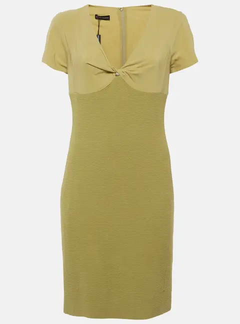 Emporio Armani Green Chiffon and Textured Knit Plunge Neck Mini Dress M