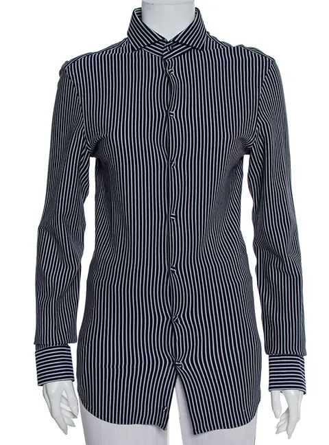 Emporio Armani Navy Blue Striped Cotton Knit Button Front Shirt S