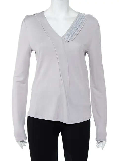 Emporio Armani Grey Knit Draped Detail Long Sleeve Top L