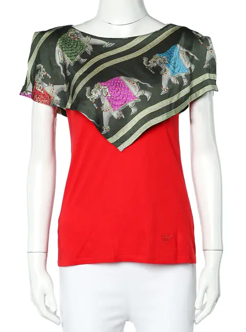 Emporio Armani Red Jersey Playful Elephant Print Silk Paneled Top S