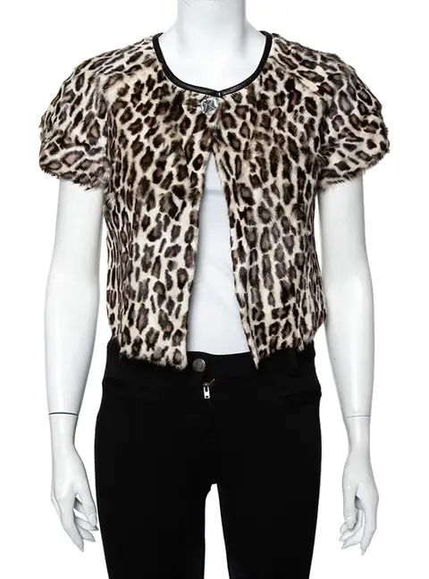 Emporio Armani Brown Animal Printed Fur Button Front Shrug S