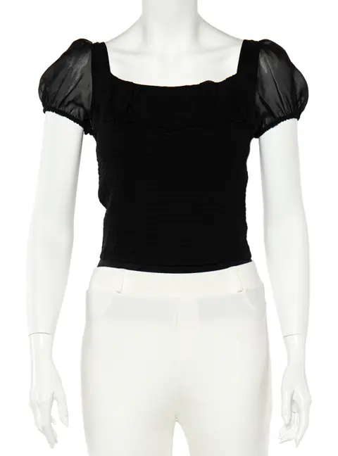 Emporio Armani Black Silk Smocked Sheer Top S