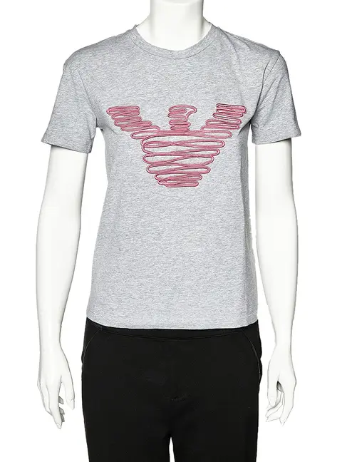 Emporio Armani Grey Cotton Logo Embroidered Crew Neck T-Shirt S